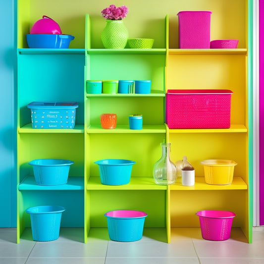 A vibrant still life featuring five to seven assorted storage bins in bold, bright hues (think turquoise, sunshine yellow, hot pink, and lime green) arranged artfully on a white shelf or table.