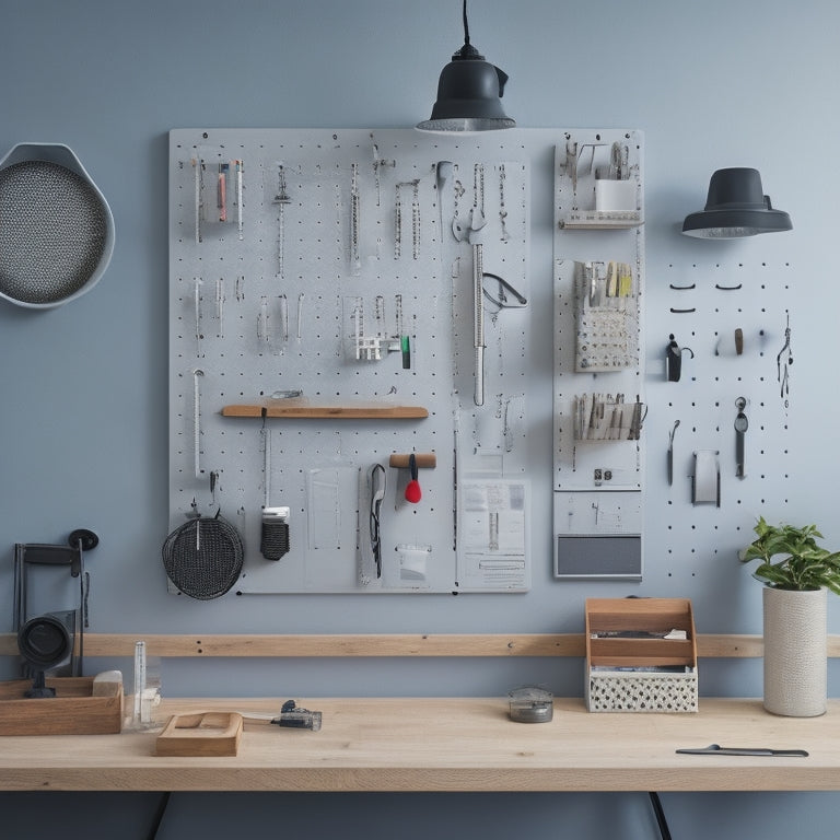 A minimalist workspace with a Skådis pegboard mounted on a light-gray wall, surrounded by neatly organized tools and accessories, with a few pegs and hooks holding a hammer, screwdrivers, and a measuring tape.