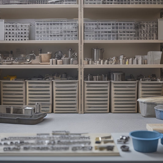 A tidy workshop with rows of small, labeled bins in graduated sizes, filled with tiny mechanical parts, screws, and fasteners, against a muted gray background with soft, natural light.