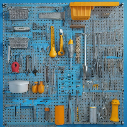A well-organized pegboard with various tools and accessories, such as wrenches, pliers, and hammers, hung from hooks and bins, against a clean white background with subtle shadows.