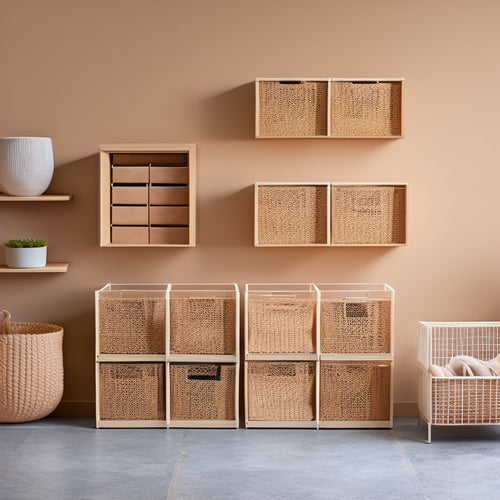 A minimalist beige wall with five rectangular storage bins in varying sizes, each with a different stylish design element, such as woven baskets, metal mesh, or wooden slats, arranged harmoniously.