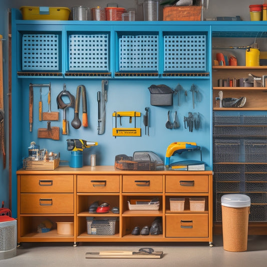 A clutter-free small garage with a pegboard on the wall, holding various tools and accessories, alongside a shelved cabinet with labeled bins and a rolling tool chest with open drawers.