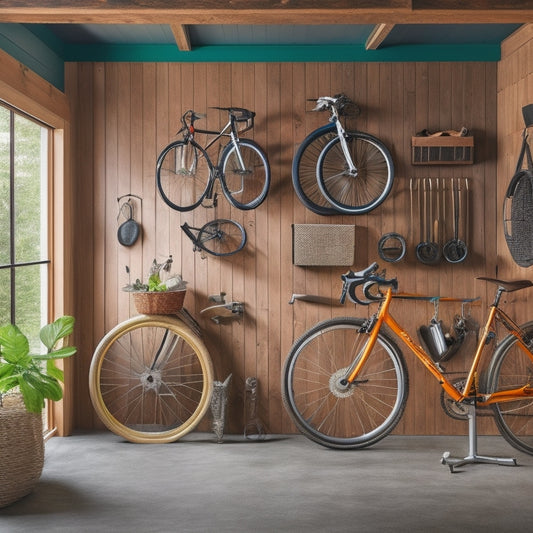 A clutter-free garage or living room with 7 different DIY bike storage solutions, each showcasing a unique way to hang a bike, using varied materials like wooden planks, metal hooks, and rope.
