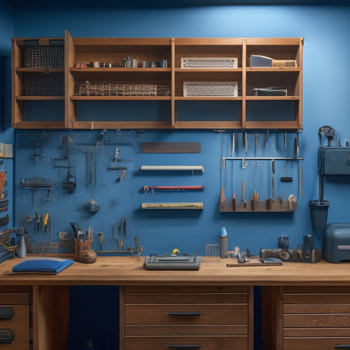 A well-organized workshop with a pegboard adorned with suspended tools, a rolling cabinet with labeled drawers, and a wall-mounted fold-down workstation with a built-in vice.