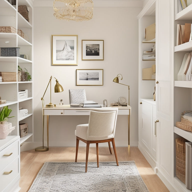 A clutter-free office closet with creamy white walls, rich wood shelving, and a plush area rug, featuring a stylish desk, a chic chair, and a few decorative accessories.