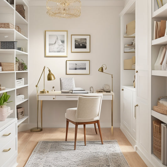 A clutter-free office closet with creamy white walls, rich wood shelving, and a plush area rug, featuring a stylish desk, a chic chair, and a few decorative accessories.