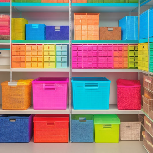 A tidy shelving unit with 5-7 boxes of varying sizes, each labeled with colorful stickers, stacked efficiently with gaps for easy access, and secured with bungee cords or straps.