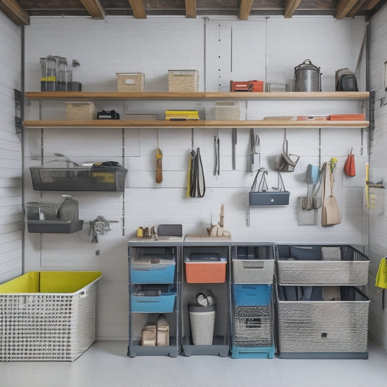 A clutter-free garage with a pegboard on the wall, bins labeled by category, and a sliding storage system with baskets, all in a compact, well-organized space with a sleek, modern aesthetic.