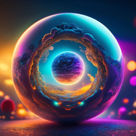 A futuristic, spherical hub radiates vibrant, swirling clouds of colorful content, interconnected by glowing threads, surrounded by orbiting devices, symbolizing seamless creation and distribution.