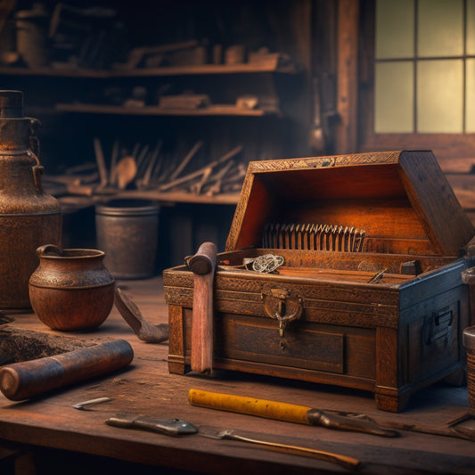 A wooden tool chest with intricate carvings, adorned with polished metal hardware, set against a rustic workshop backdrop, surrounded by scattered tools and woodworking scraps, with a subtle warm glow.