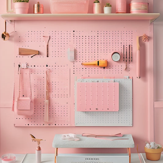 A stylish, minimalist workspace with a blush-pink pegboard, adorned with rose-gold tool hooks, and a matching wooden crate storing an array of feminine, pastel-hued power tools.