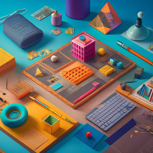 A stylized illustration of a designer's workspace, with various toolkit icons, colorful pens, and geometric shapes scattered around a central hub, surrounded by subtle grid patterns and subtle glow effects.