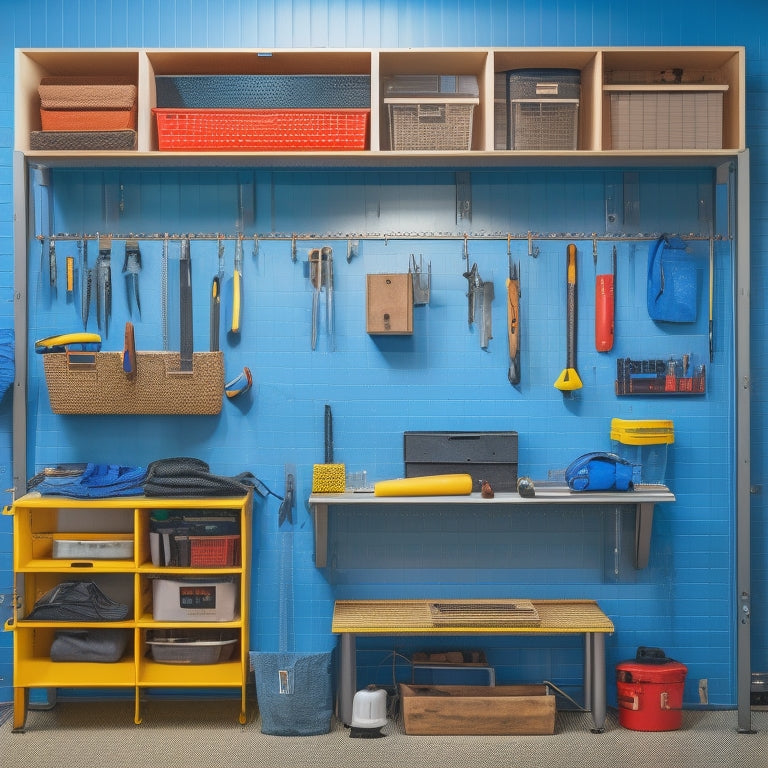 A clutter-free workshop with a pegboard on a wall, holding various tools and accessories, alongside a compact rolling cabinet and a ladder with built-in storage bins.