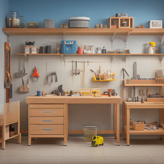 A well-organized small workshop with a folding workbench, pegboard with tools, and a compact shelving unit, set against a light-gray background with warm, soft lighting.