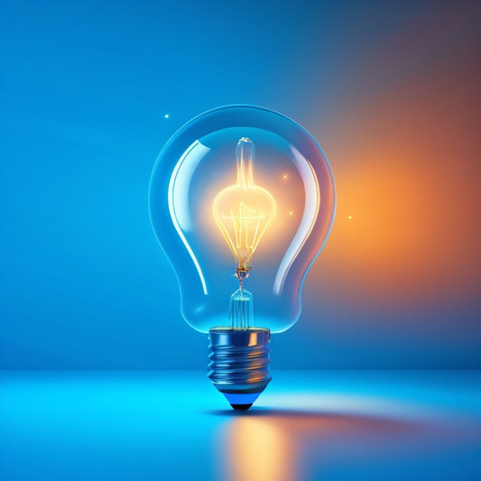 A vibrant, minimalist illustration featuring a stylized, glowing lightbulb surrounded by ascending arrows and subtle, shimmering sparks, set against a soft, gradient blue background.