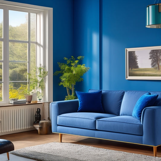 A beautifully painted modern living room with a large window, beige walls, and a single accent wall in a bold blue color, with an Electric TrueAirless Sprayer subtly placed in the corner.