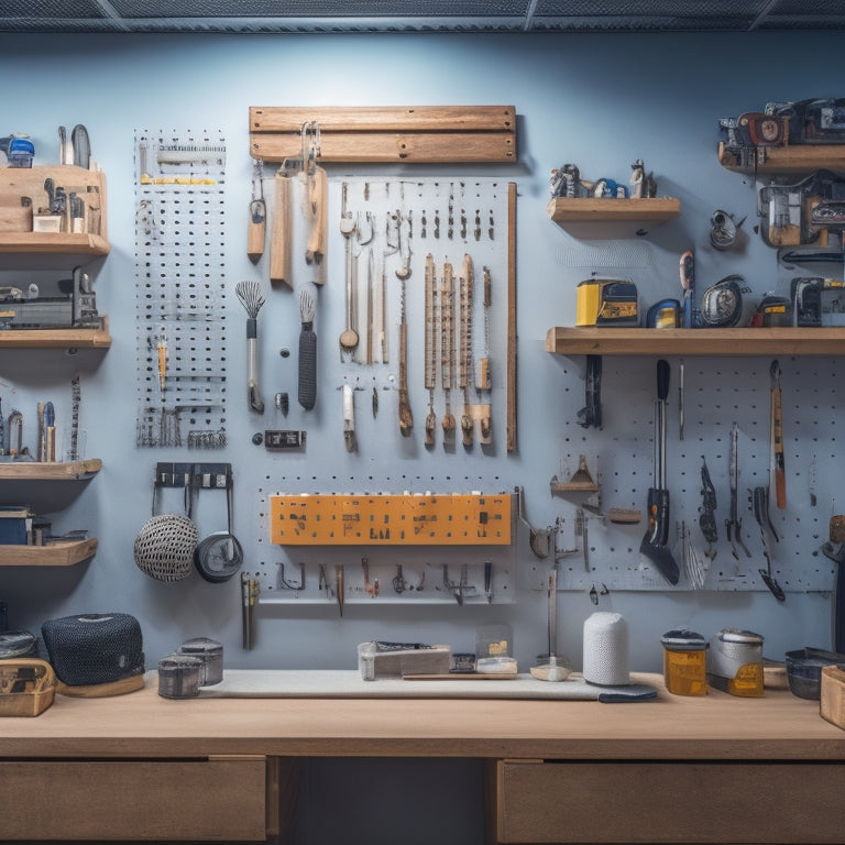 A tidy workshop with a large, wall-mounted pegboard, adorned with neatly organized tools and accessories, surrounded by a minimalist background and soft, warm lighting.