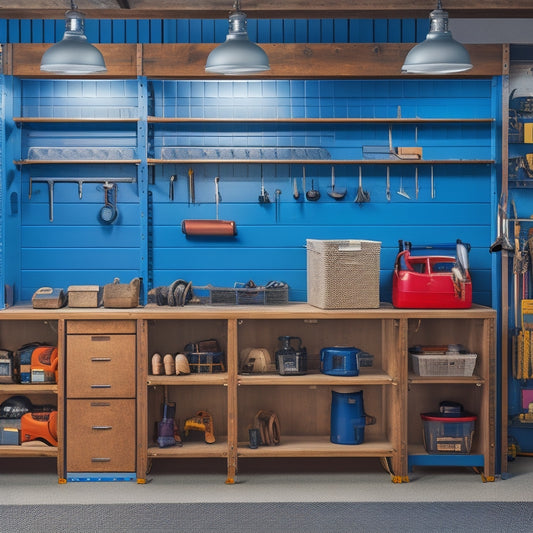 A tidy, well-lit garage or workshop with a mix of open shelving and closed cabinets, showcasing organized tool storage solutions, including labeled bins, hooks, and a pegboard with neatly hung tools.