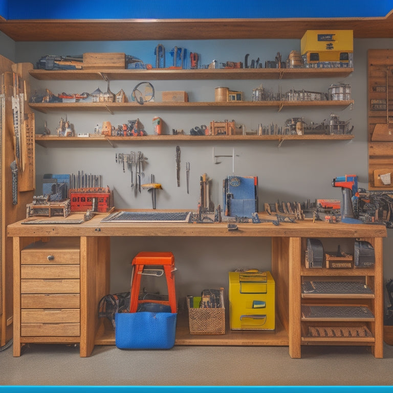 A tidy workshop with a large, organized pegboard on the wall, a CNC machine in the background, and a workbench in the foreground with a half-assembled wooden cabinet and various tools arranged neatly around it.