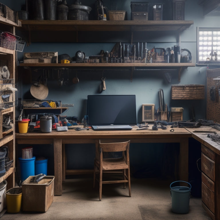 A cluttered workshop background with various tools scattered around, a pegboard with hooks and bins, a laptop or tablet with an open spreadsheet, and a few tools organized on a nearby shelf.