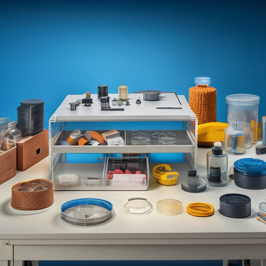 A clutter-free workshop table with assorted small parts and tools neatly arranged in transparent plastic storage bins, stackable metal drawers, and rotating turntables, against a clean gray background.