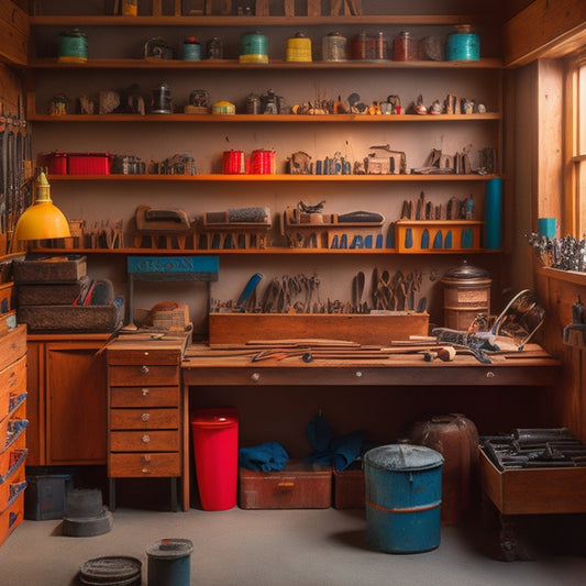 A cluttered woodworking shop with tools and materials scattered around, contrasted with a tidy and organized corner featuring a pegboard, labeled bins, and a DIY shelving unit made from reclaimed wood.