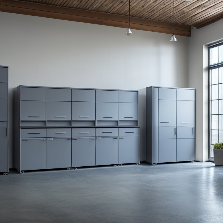 A modern workshop with a row of four tall, grey metal cabinets with stainless steel handles and a subtle sheen, against a clean, light-grey concrete background, with soft, indirect lighting.