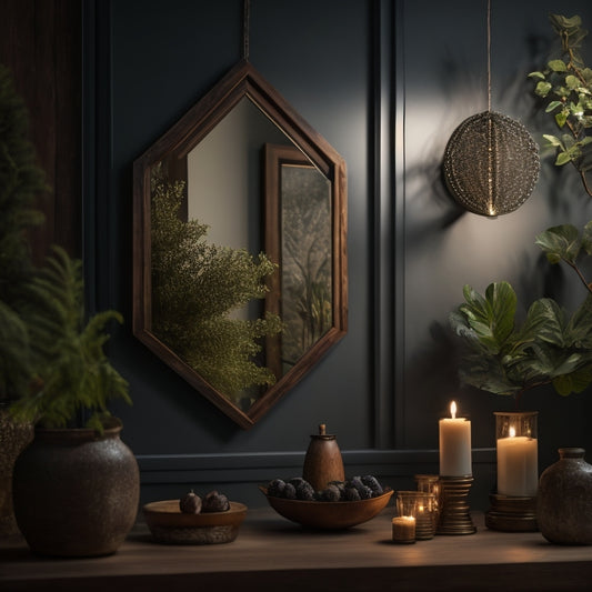A serene, dimly lit room with a wooden accent wall, adorned with nature-inspired wooden decorations, including a reclaimed wood mirror, a wooden botanical art piece, and a wooden geometric mobile.
