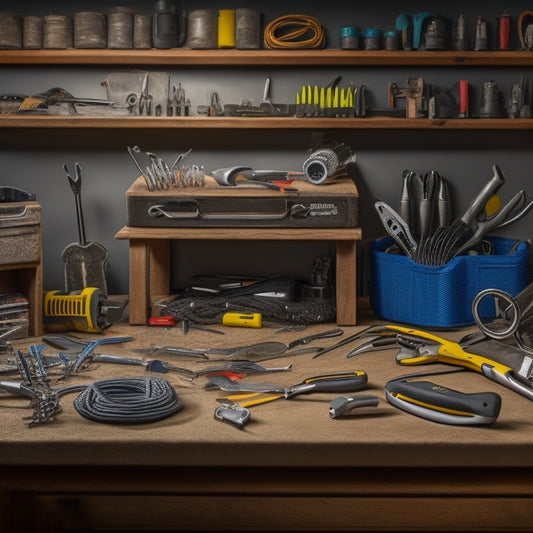 A clutter-free workbench with a variety of tools and accessories, including a Leatherman multi-tool, wire strippers, pliers, screwdrivers, and a voltage tester, arranged neatly alongside a coiled extension cord.