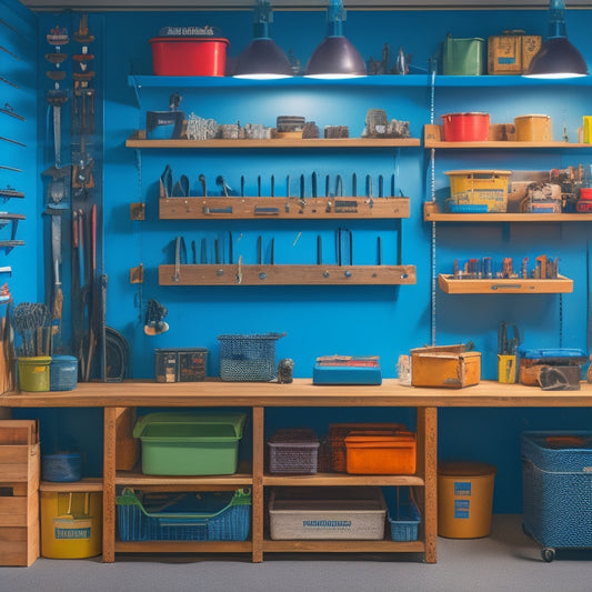 A tidy, well-lit workshop with a pegboard filled with neatly hung tools, a labeled tool chest, and a shelf with stacked, color-coded storage bins and a few strategically placed hooks.