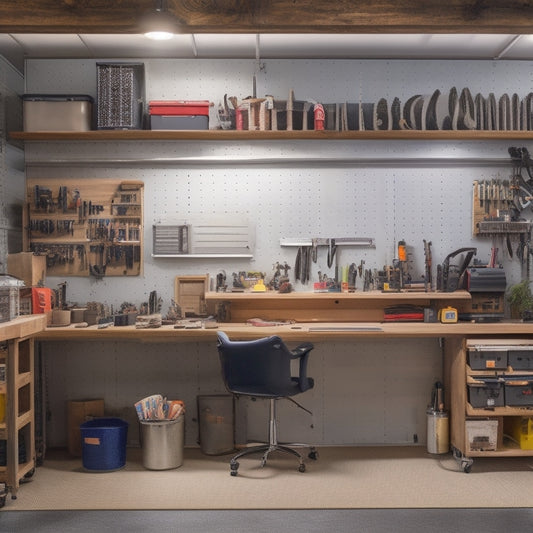 A well-lit, organized garage workspace with a prominently displayed Pegboard Tool Kit, tools neatly hung, and a few strategically placed power tools and accessories on a countertop or shelf nearby.