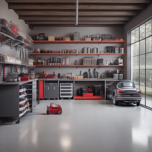 A clutter-free garage with a sleek, gray epoxy floor, organized tools on pegboards, labeled bins on shelves, and a parking area with a red sports car, surrounded by natural light.