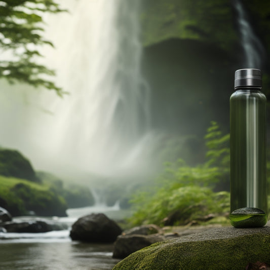 A serene, misty morning scene in Rochester: a person holding a refillable glass water bottle, standing in front of a lush green background with a subtle waterfall and a few leaves scattered around.