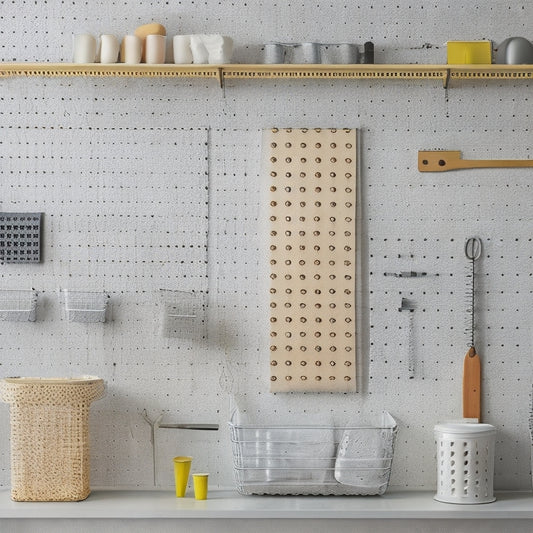 A pegboard with various tools and accessories hung from hooks, bins, and baskets, against a clean white or light-gray background, with subtle shadowing and soft, natural lighting.