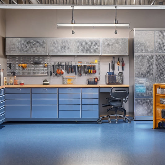 A modernized metal garage with sleek, silver cabinets and a pegboard adorned with neatly organized tools, surrounded by a polished concrete floor and bright, LED-lit workstations.