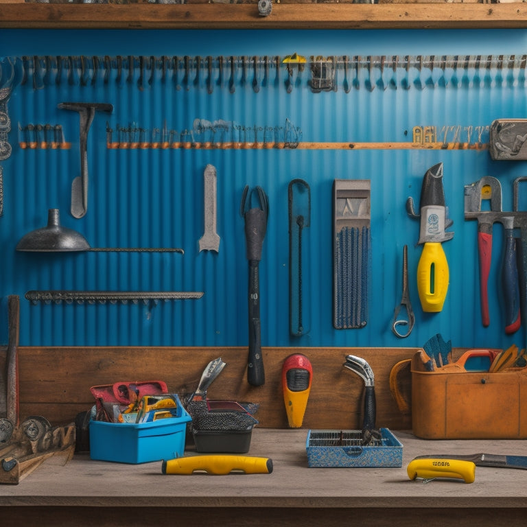 A pegboard with various tool hooks, holding a hammer, screwdrivers, pliers, and wrenches, surrounded by a clean and organized workshop with a few scattered tools and a toolbox in the background.