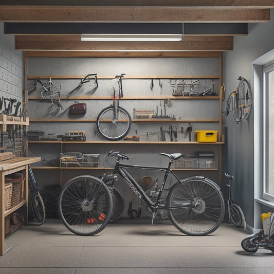 A tidy garage interior with a slatwall, hooks, bins, and a workbench, illuminated by natural light, featuring a organized tool collection, a labeled pegboard, and a few bicycles suspended from the ceiling.
