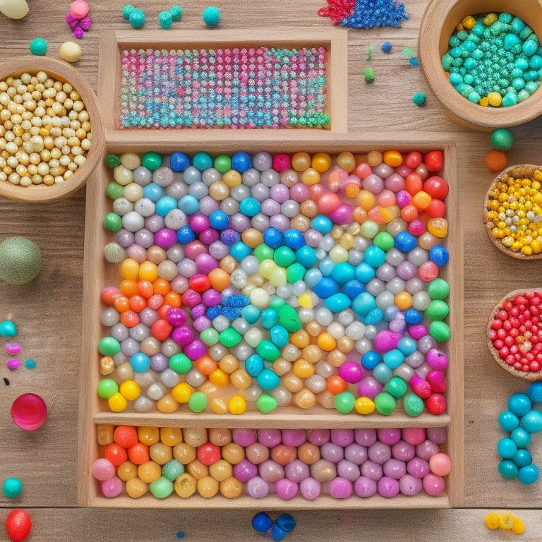 A colorful, overhead shot of a wooden or plastic template with small, rounded holes, surrounded by various mini beads in different shapes, sizes, and colors, with a few beads spilled out of the template.