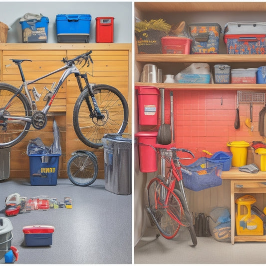 A before-and-after split-screen image: cluttered garage with scattered tools, bins, and bicycles on the left, and a tidy organized garage with labeled storage bins, a pegboard, and a neatly parked bike on the right.