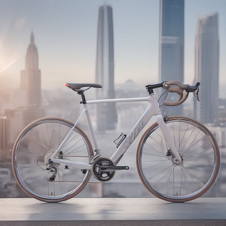 A modern, sleek bike stands upright on a clean, white background, surrounded by neatly arranged bike care tools and accessories, with a subtle cityscape blurred in the distance.