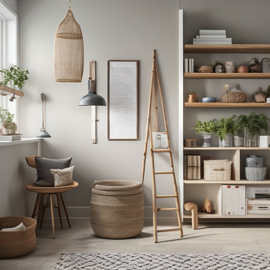 A minimalist workspace with a wall-mounted ladder, wooden hanging shelves, baskets, and hooks, surrounded by rolled-up rugs, books, and decorative items, with a subtle background of a light gray wall.