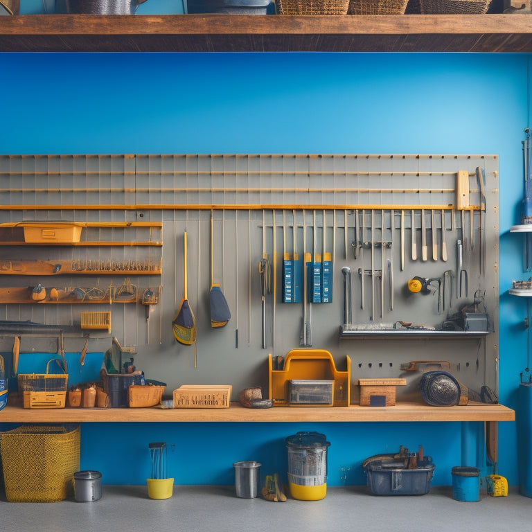 A tidy workshop with a pegboard on the wall, holding neatly arranged tools, bins, and baskets, surrounded by a minimalist workbench and a few well-placed hooks, maximizing vertical storage.