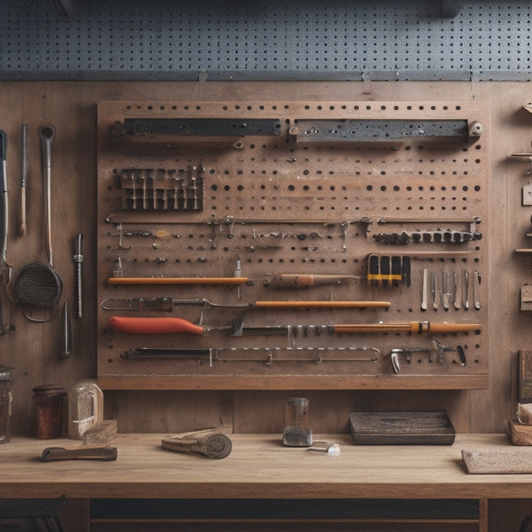 A clutter-free workshop background with a large pegboard mounted on the wall, holding various organized tools and accessories in different shapes, sizes, and materials, with a subtle wood grain texture.