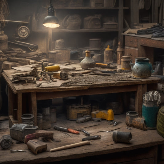 A cluttered workbench with scattered tools, tangled cords, and open toolboxes, surrounded by scraps of wood, rusty nails, and crumpled paper, with a hammer precariously balanced on the edge.