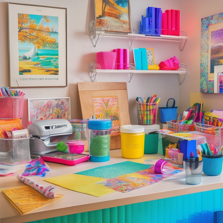 A vibrant, well-organized workspace with a Dollar Tree shopping basket overflowing with sublimation blanks, colorful markers, and heat presses, surrounded by inspirational art pieces and creative projects in progress.