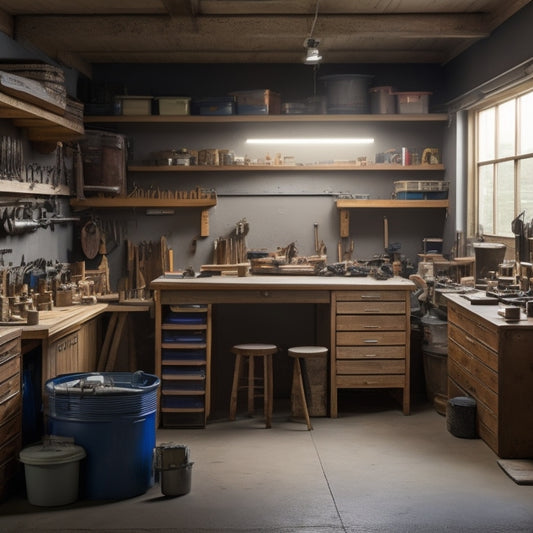 A clutter-free workshop with a sturdy workbench, surrounded by a mix of large and small, transparent and opaque storage bins, with bolts and tools neatly organized and visible inside.