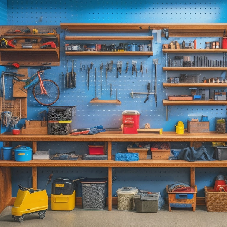 A clutter-free garage with a pegboard adorned with neatly organized tools, a rolling tool chest, and a workbench with a vice, surrounded by labeled storage bins and a slatwall with hooks.