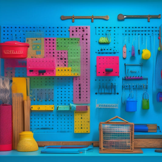 A colorful, well-lit pegboard with an assortment of hooks in various shapes, sizes, and materials, holding a mix of tools, accessories, and household items in a tidy, organized arrangement.