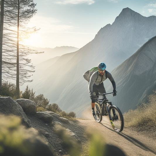 A serene mountain landscape with a winding dirt trail, a sleek, silver mountain bike with suspension forks, and a rider in the distance, wearing a sleek helmet and aviator sunglasses.