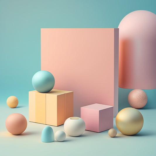 A minimalist illustration featuring a combination of geometric shapes, including spheres, cylinders, and cubes, in various sizes and arrangements, with subtle gradient shading and soft, pastel colors.